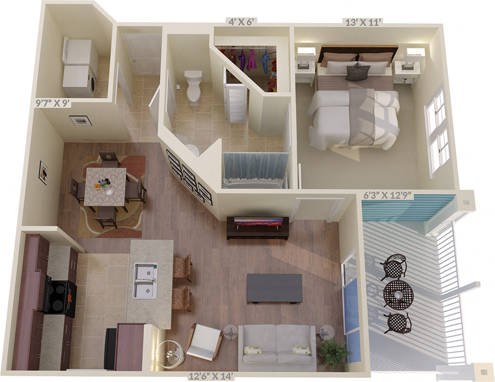 Floor plan for 1 bed, 1 bath, 739 sqft